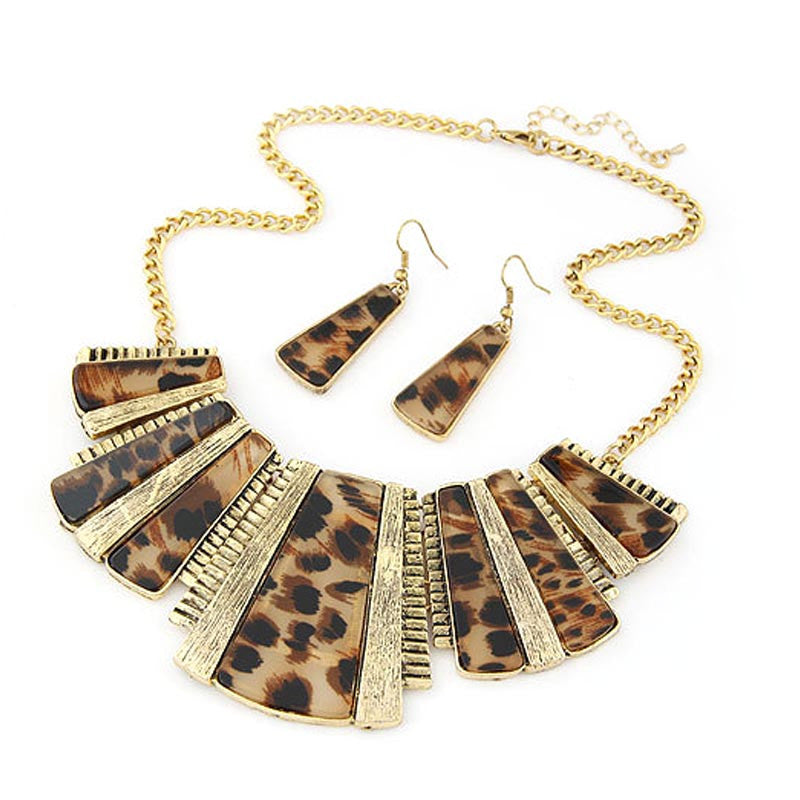 Womens Mixed Style Bohemia Leopard Bib Chain Necklace+Earrings Jewelry