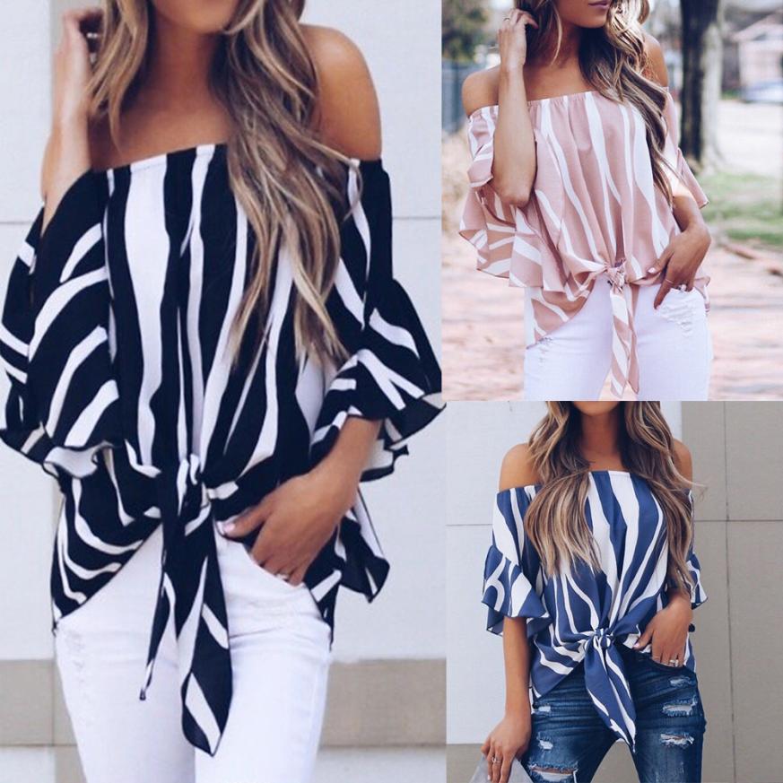 Women Striped Off Shoulder Waist Tie Short Sleeve Casual